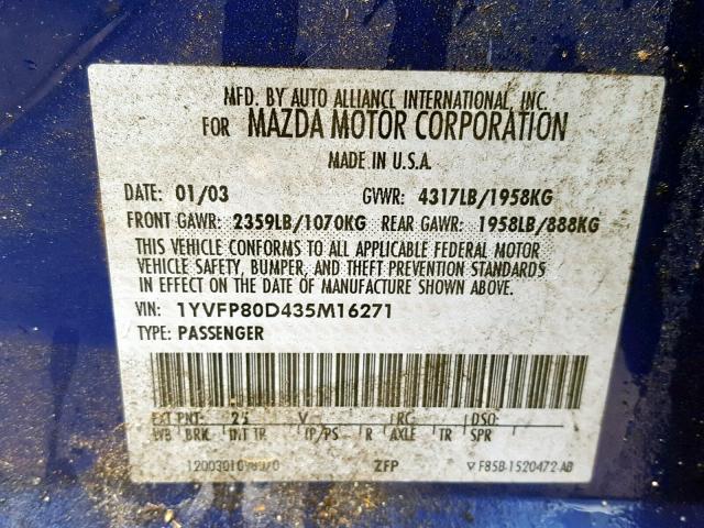 1YVFP80D435M16271 - 2003 MAZDA 6 S BLUE photo 10