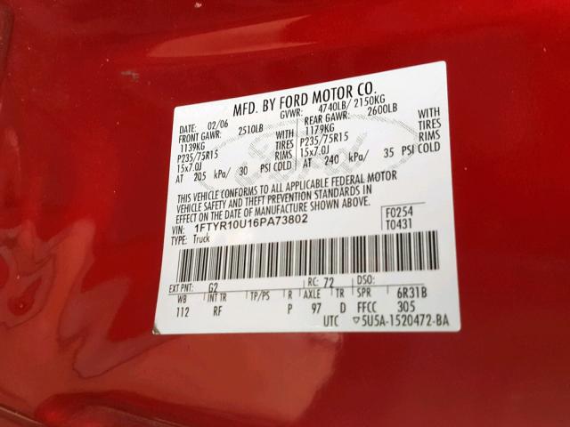 1FTYR10U16PA73802 - 2006 FORD RANGER RED photo 10