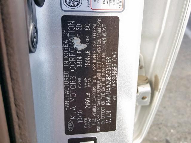 KNAFU4A26B5334168 - 2011 KIA FORTE EX SILVER photo 10