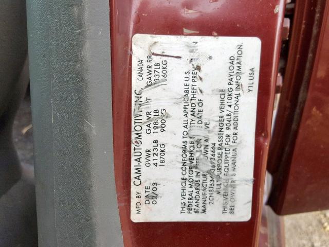 2CNBJ634036934464 - 2003 CHEVROLET TRACKER LT MAROON photo 10