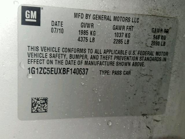 1G1ZC5EUXBF140637 - 2011 CHEVROLET MALIBU 1LT 银色 照片 10