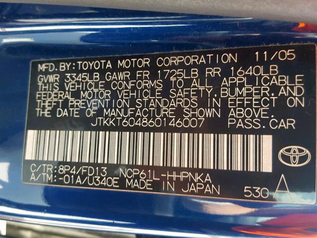 JTKKT604860146007 - 2006 TOYOTA SCION XA BLUE photo 10