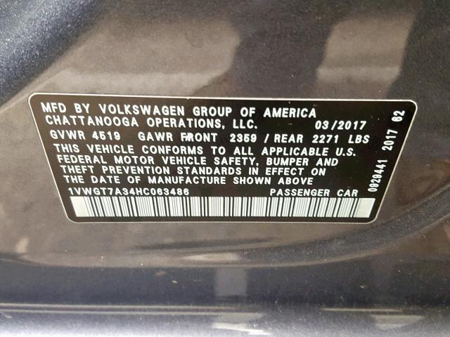 1VWGT7A34HC063486 - 2017 VOLKSWAGEN PASSAT SE GRAY photo 10