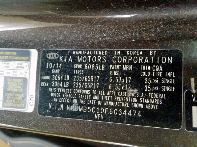 KNDMB5C10F6034474 - 2015 KIA SEDONA LX  photo 10