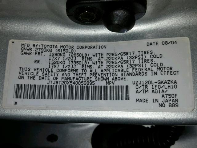 JTJBT20X540059895 - 2004 LEXUS GX 470 GRAY photo 10