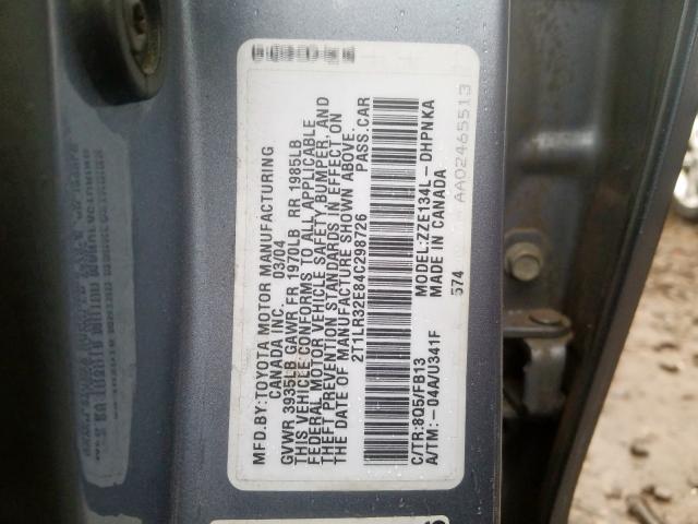 2T1LR32E84C298726 - 2004 TOYOTA COROLLA MATRIX BASE  photo 10