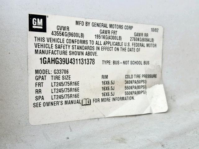 1GAHG39U431131378 - 2003 CHEVROLET EXPRESS G3 WHITE photo 10