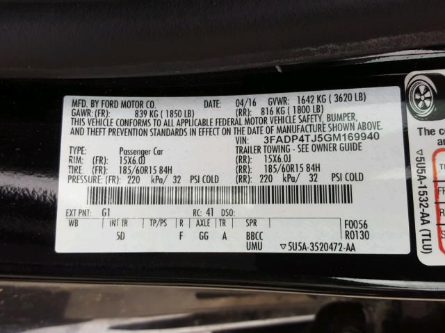 3FADP4TJ5GM169940 - 2016 FORD FIESTA S BLACK photo 10