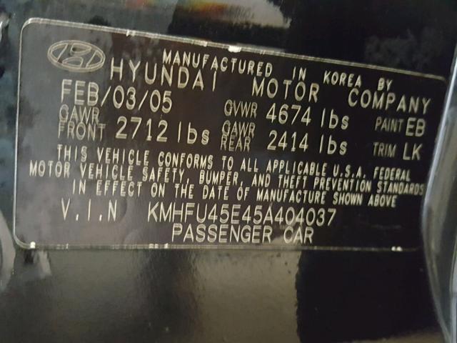 KMHFU45E45A404037 - 2005 HYUNDAI XG 350 BLACK photo 10