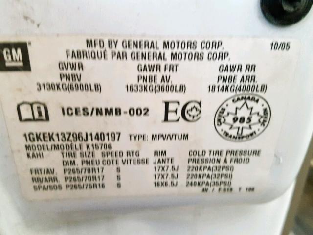 1GKEK13Z96J140197 - 2006 GMC YUKON WHITE photo 10