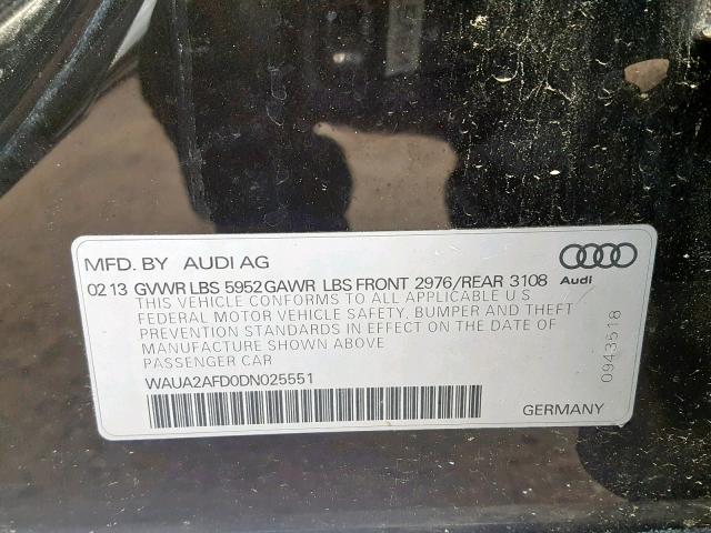 WAUA2AFD0DN025551 - 2013 AUDI A8 QUATTRO BLACK photo 10