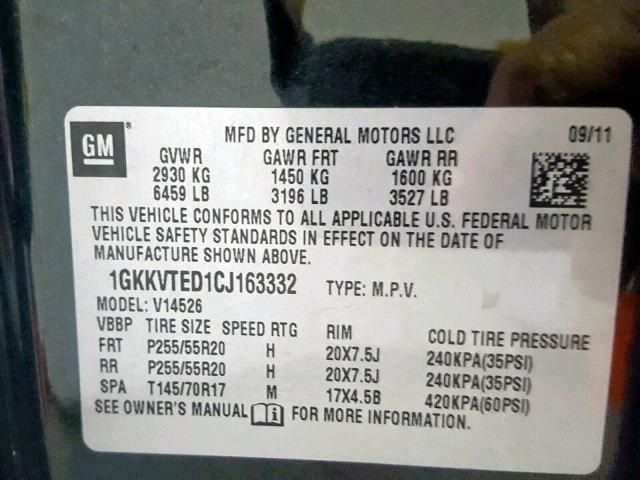 1GKKVTED1CJ163332 - 2012 GMC ACADIA DEN BLACK photo 10