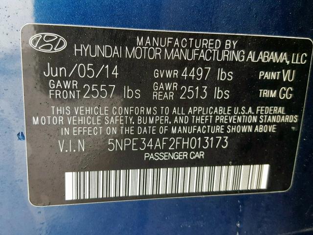 5NPE34AF2FH013173 - 2015 HYUNDAI SONATA SPO BLUE photo 10