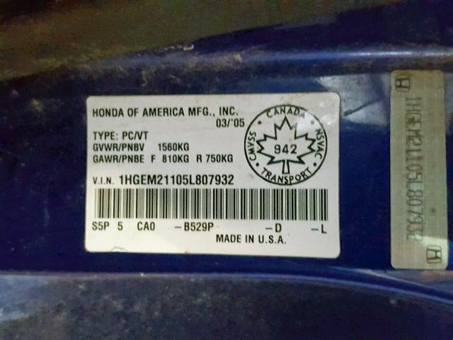 1HGEM21105L807932 - 2005 HONDA CIVIC DX V BLUE photo 10