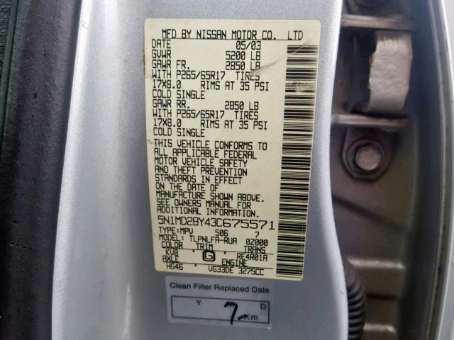 5N1MD28Y43C675571 - 2003 NISSAN XTERRA SE SILVER photo 10