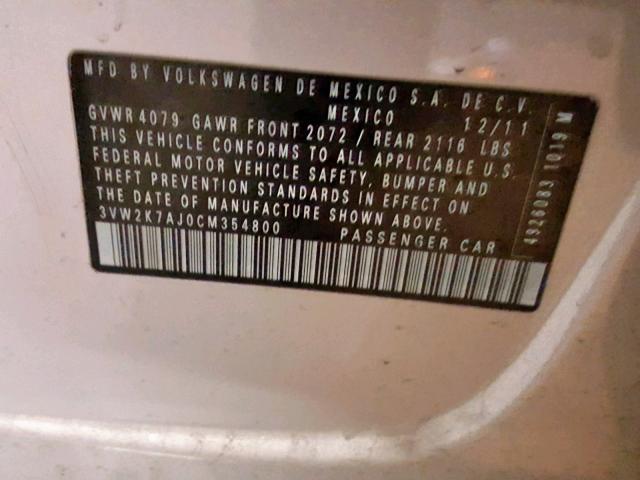 3VW2K7AJ0CM354800 - 2012 VOLKSWAGEN JETTA BASE SILVER photo 10