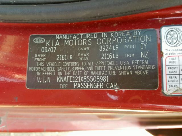 KNAFE121X85508981 - 2008 KIA SPECTRA EX RED photo 10