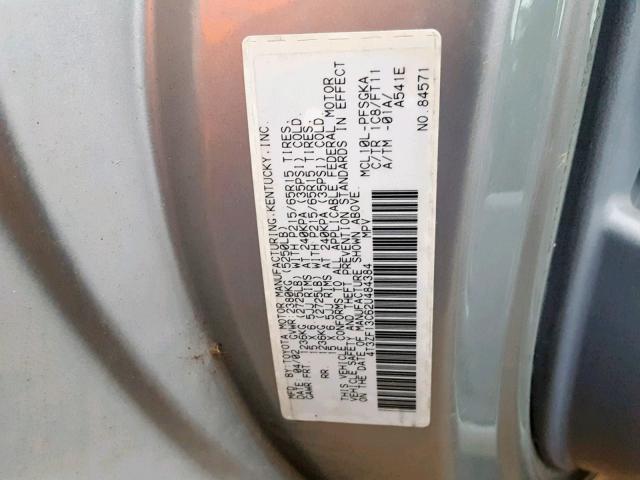 4T3ZF13C62U484384 - 2002 TOYOTA SIENNA LE SILVER photo 10