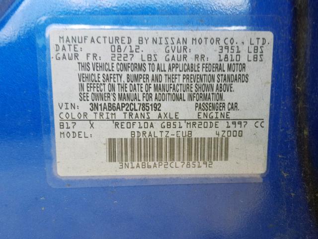 3N1AB6AP2CL785192 - 2012 NISSAN SENTRA 2.0 BLUE photo 10