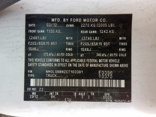 NM0LS6BN2CT103391 - 2012 FORD TRANSIT CO WHITE photo 10