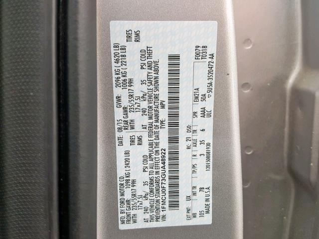 1FMCU0F73GUA48922 - 2016 FORD ESCAPE S SILVER photo 10