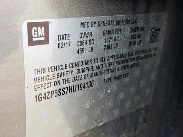 1G4ZP5SS7HU194136 - 2017 BUICK LACROSSE E 棕色 照片 10