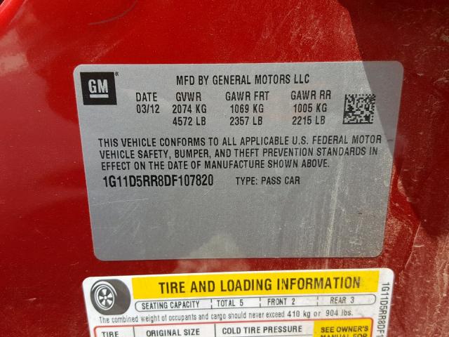 1G11D5RR8DF107820 - 2013 CHEVROLET MALIBU 1LT 红色 照片 10