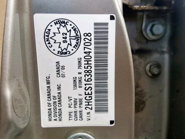 2HGES16385H047028 - 2005 HONDA CIVIC DX V GRAY photo 10