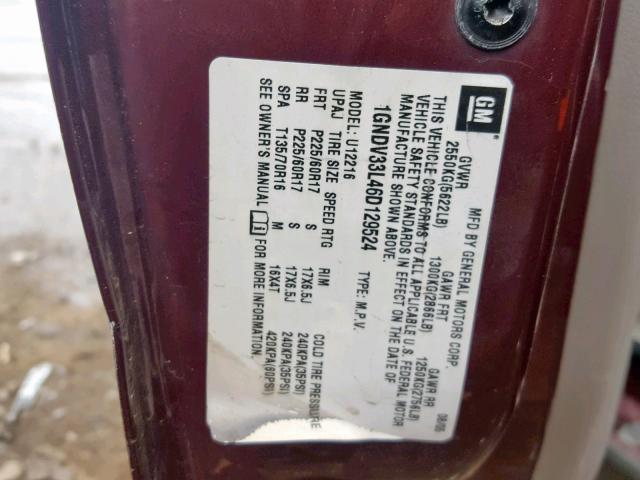 1GNDV33L46D129524 - 2006 CHEVROLET UPLANDER L 勃艮第红 照片 10