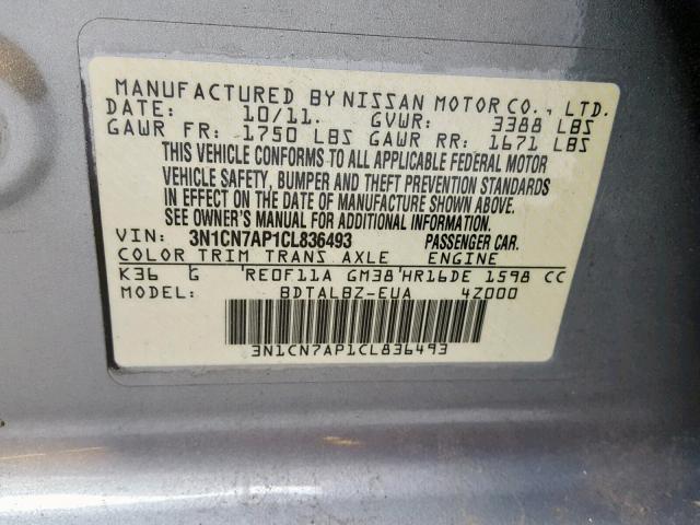 3N1CN7AP1CL836493 - 2012 NISSAN VERSA S GRAY photo 10