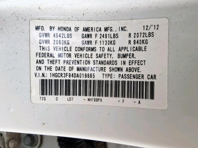 1HGCR3F84DA018665 - 2013 HONDA ACCORD EXL WHITE photo 10