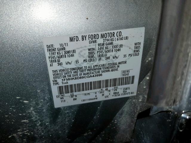 1FMHK8D89CGA43996 - 2012 FORD EXPLORER X SILVER photo 10