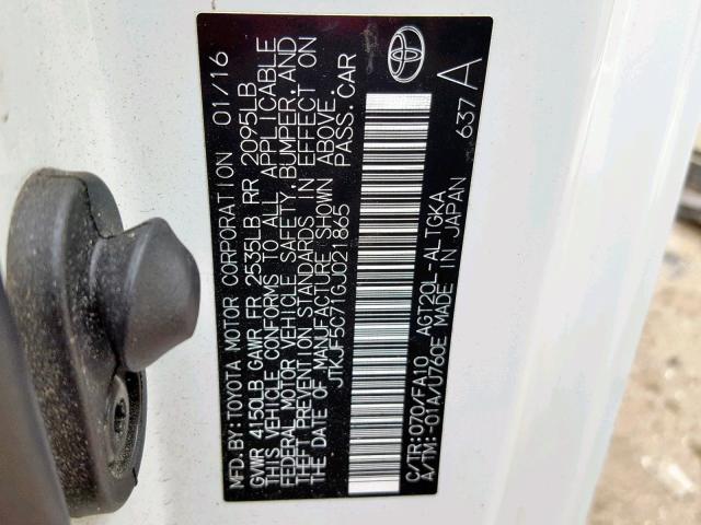 JTKJF5C71GJ021865 - 2016 TOYOTA SCION TC WHITE photo 10