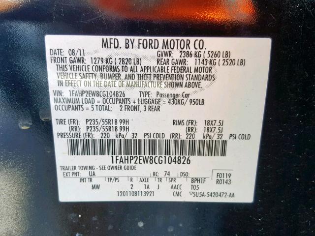 1FAHP2EW8CG104826 - 2012 FORD TAURUS SEL BLACK photo 10