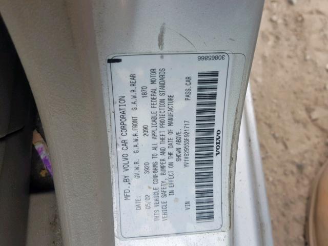 YV1VS29553F921717 - 2003 VOLVO S40 1.9T SILVER photo 10