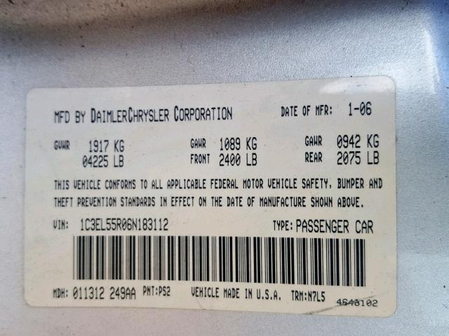 1C3EL55R06N183112 - 2006 CHRYSLER SEBRING TO SILVER photo 10