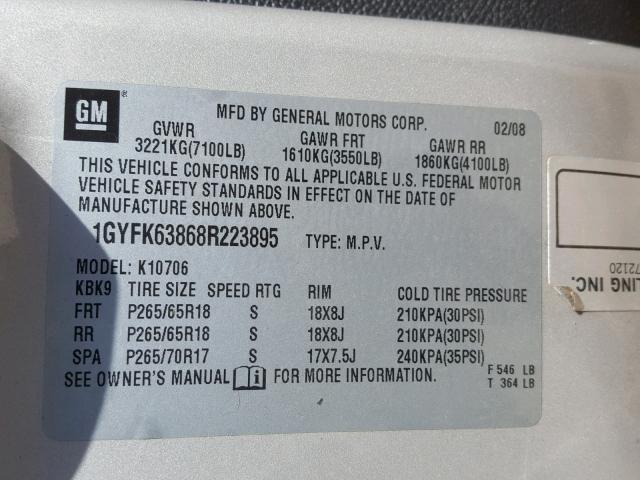 1GYFK63868R223895 - 2008 CADILLAC ESCALADE L GRAY photo 10