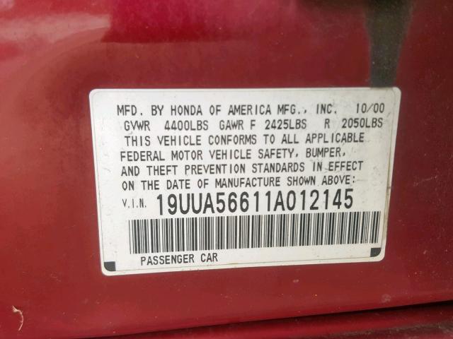 19UUA56611A012145 - 2001 ACURA 3.2TL RED photo 10