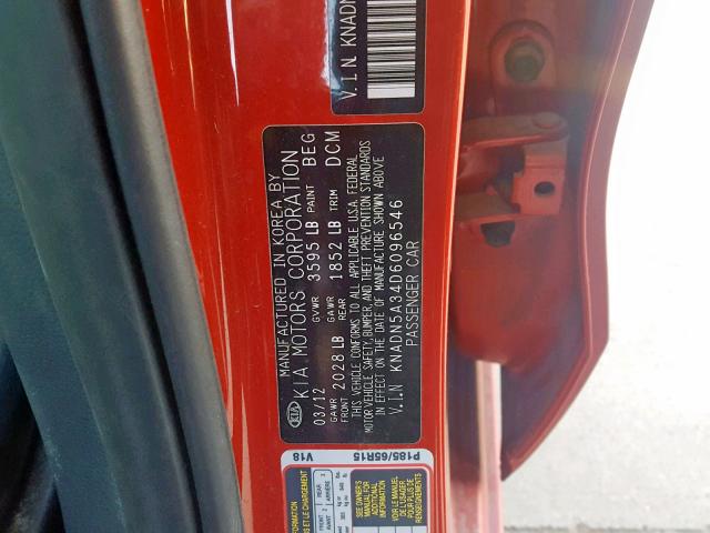 KNADN5A34D6096546 - 2013 KIA RIO EX RED photo 10