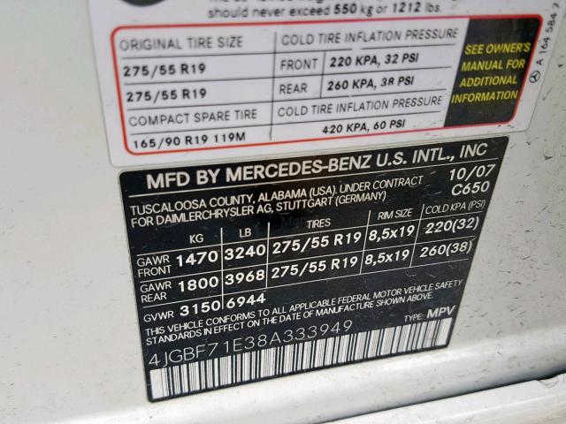 4JGBF71E38A333949 - 2008 MERCEDES-BENZ GL 450 4MA WHITE photo 10