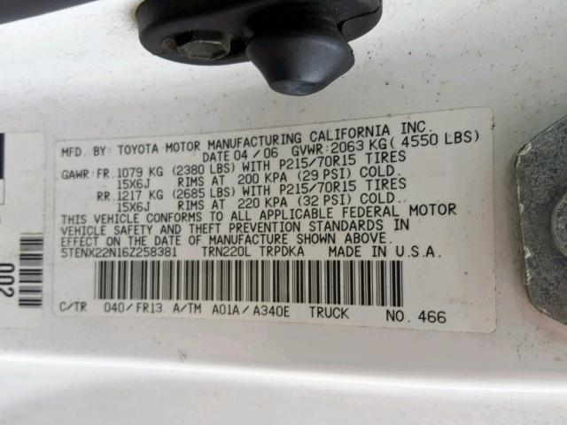 5TENX22N16Z258381 - 2006 TOYOTA TACOMA WHITE photo 10