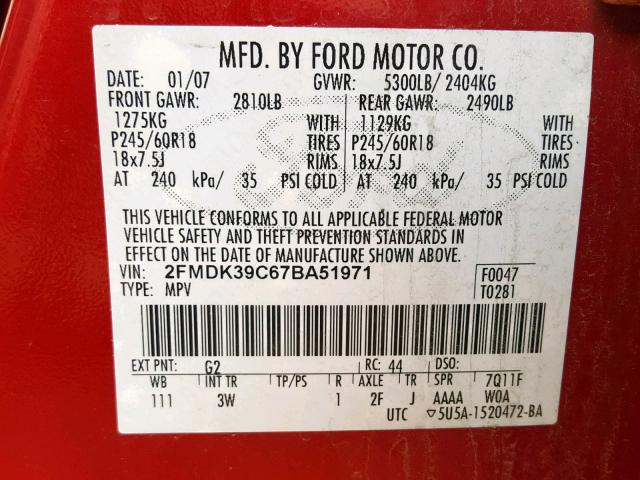 2FMDK39C67BA51971 - 2007 FORD EDGE SEL P RED photo 10