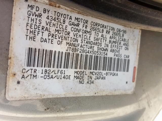 JT8BF28G4X5053154 - 1999 LEXUS ES 300 GRAY photo 10