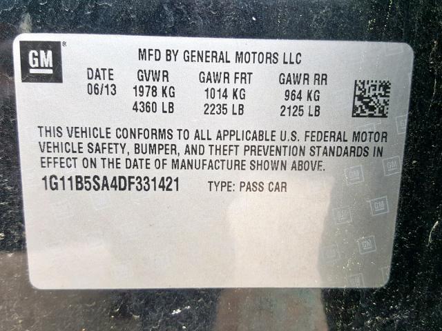 1G11B5SA4DF331421 - 2013 CHEVROLET MALIBU LS BLACK photo 10