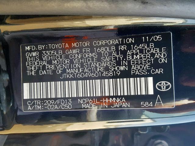 JTKKT604960145819 - 2006 TOYOTA SCION XA BLACK photo 10