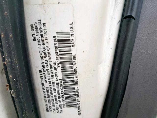 4S3BE6356Y7216443 - 2000 SUBARU LEGACY L WHITE photo 10