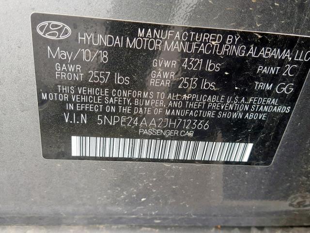 5NPE24AA2JH712366 - 2018 HYUNDAI SONATA ECO GRAY photo 10