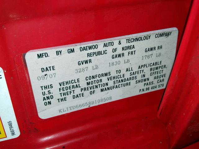 KL1TD66658B108508 - 2008 CHEVROLET AVEO BASE Qırmızı foto 10