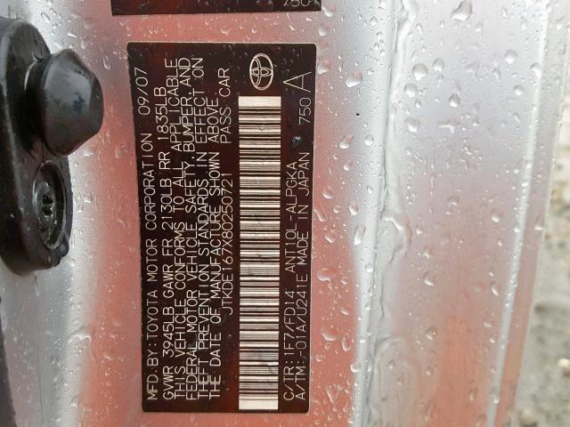 JTKDE167X80250721 - 2008 TOYOTA SCION TC SILVER photo 10