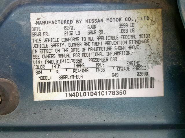 1N4DL01D41C178350 - 2001 NISSAN ALTIMA XE GRAY photo 10